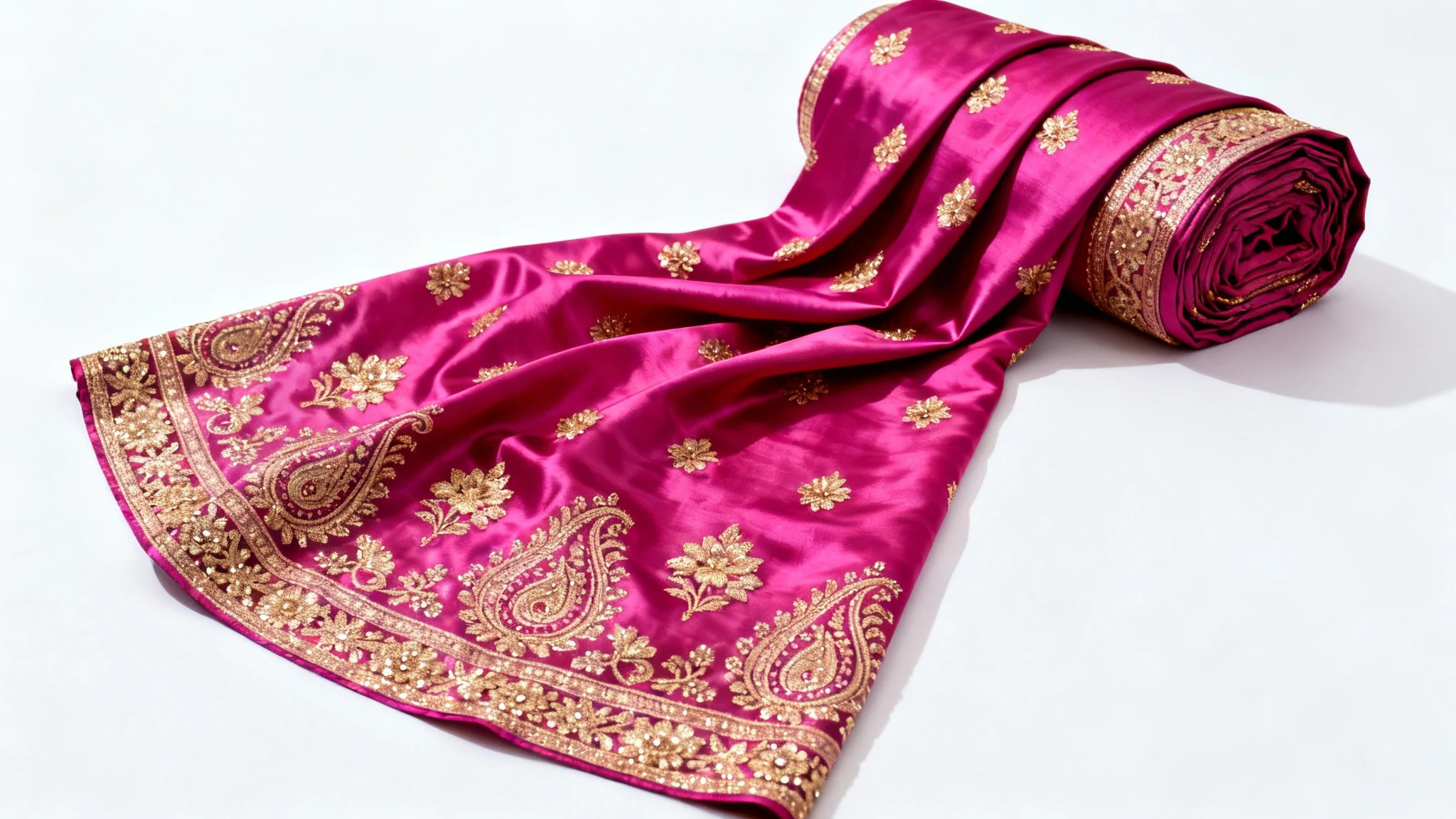 An elegantly folded magenta pink silk saree with elaborate gold embroidery, presented as a professional product mockup on a plain white background.