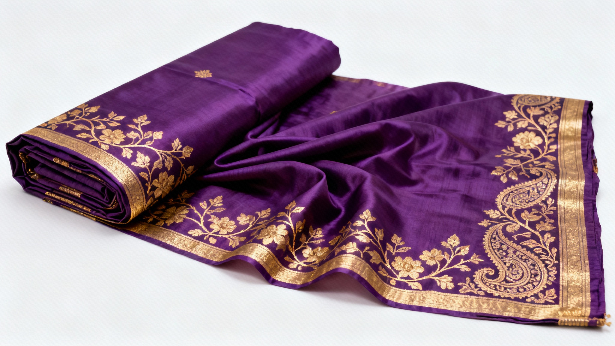 A luxurious royal purple silk saree with intricate gold embroidery, elegantly folded and draped for a product mockup on a clean white background.