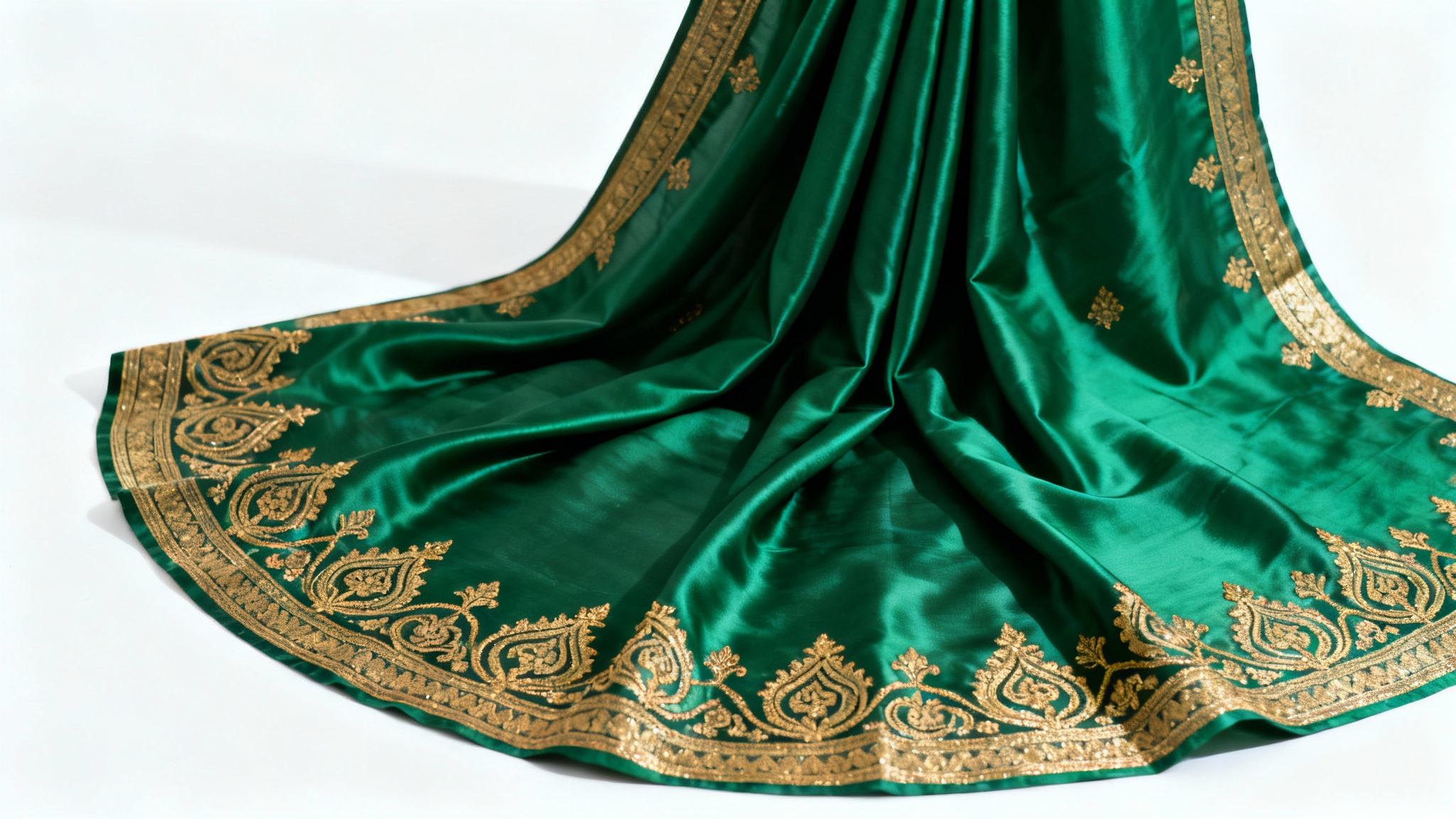 A photorealistic mockup of a luxurious emerald green silk saree with detailed gold paisley embroidery, elegantly draped against a clean white background.