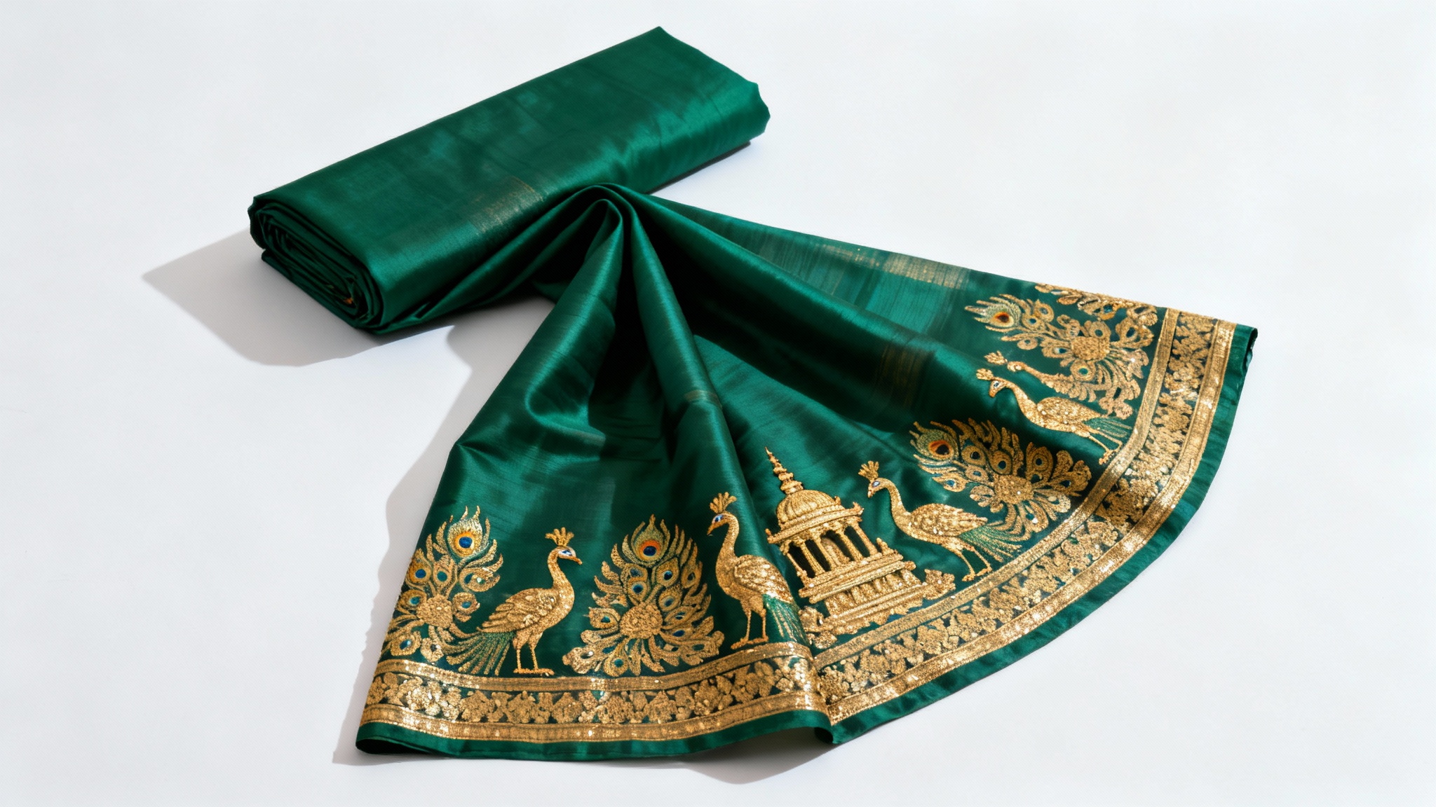 A luxurious emerald green silk saree with a detailed gold border, elegantly folded and displayed on a clean white background in a professional product mockup style.