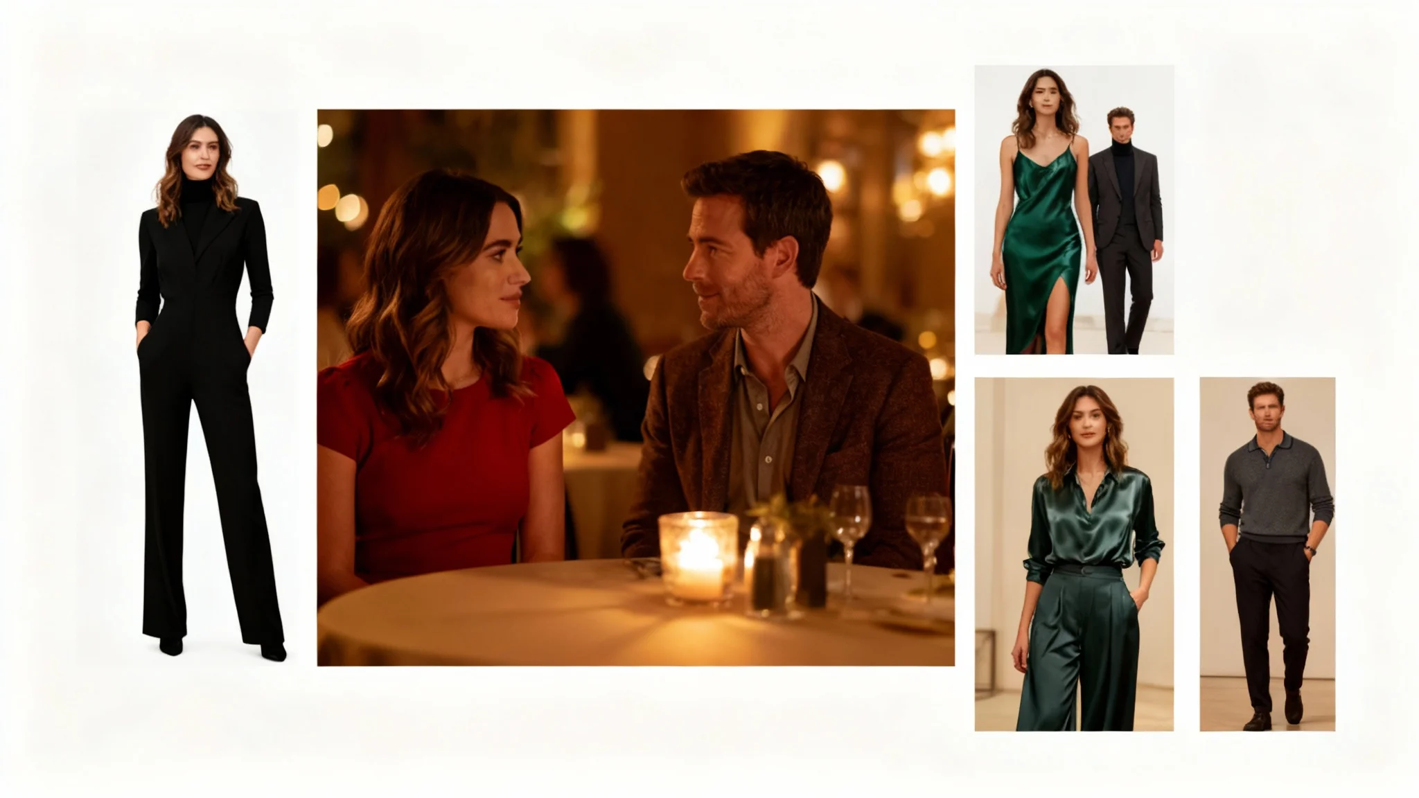 A digital collage showcasing outfit ideas for a couple's romantic dinner. A large central photo of a couple dressed up in a restaurant is surrounded by three smaller photos showing alternative outfits, including a black jumpsuit, an emerald dress, and a chic trousers-and-blouse combo.