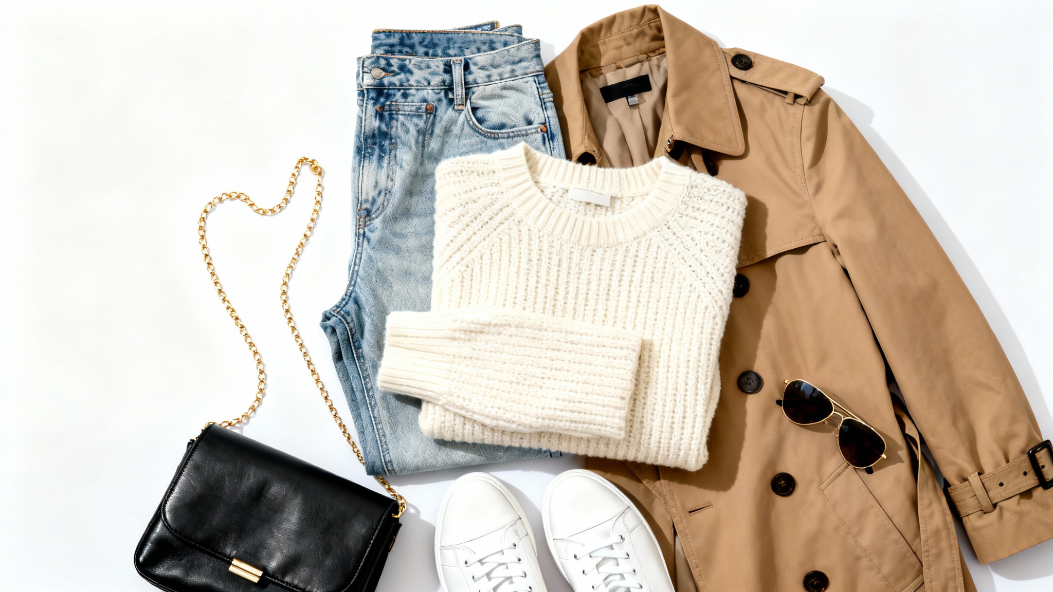 A top-down flat lay of a stylish woman's outfit arranged on a white background, including jeans, a sweater, a trench coat, sneakers, and accessories, representing an outfit idea.
