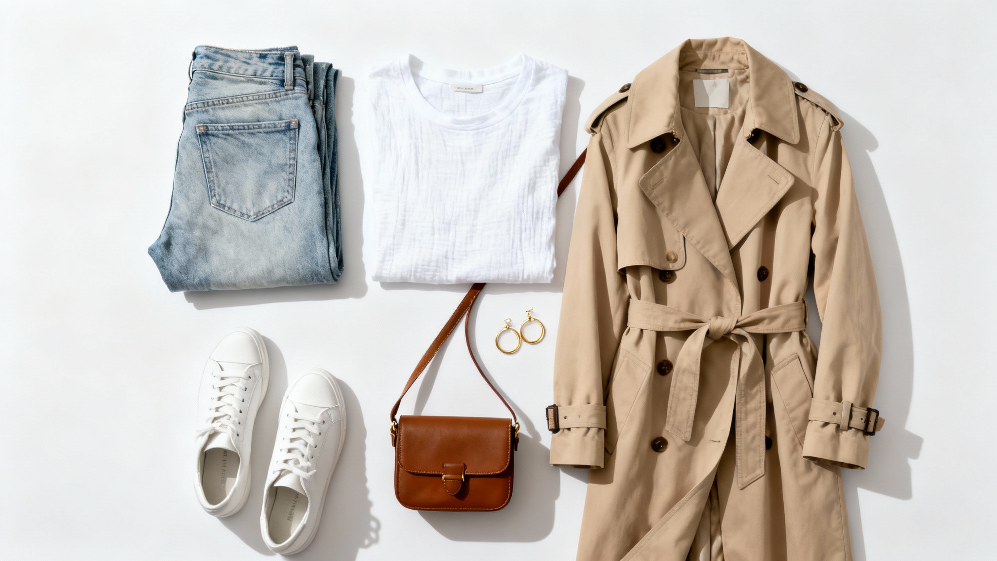 A top-down flat lay of a stylish women's outfit, including jeans, a t-shirt, a trench coat, sneakers, and accessories, all neatly arranged on a plain white background, illustrating an outfit idea.