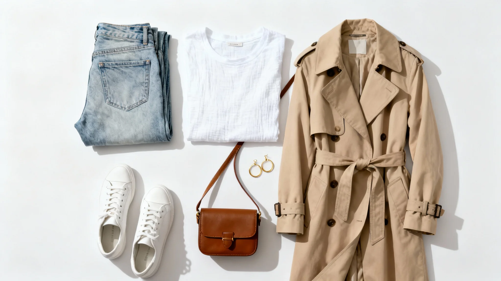 A top-down flat lay of a stylish women's outfit, including jeans, a t-shirt, a trench coat, sneakers, and accessories, all neatly arranged on a plain white background, illustrating an outfit idea.