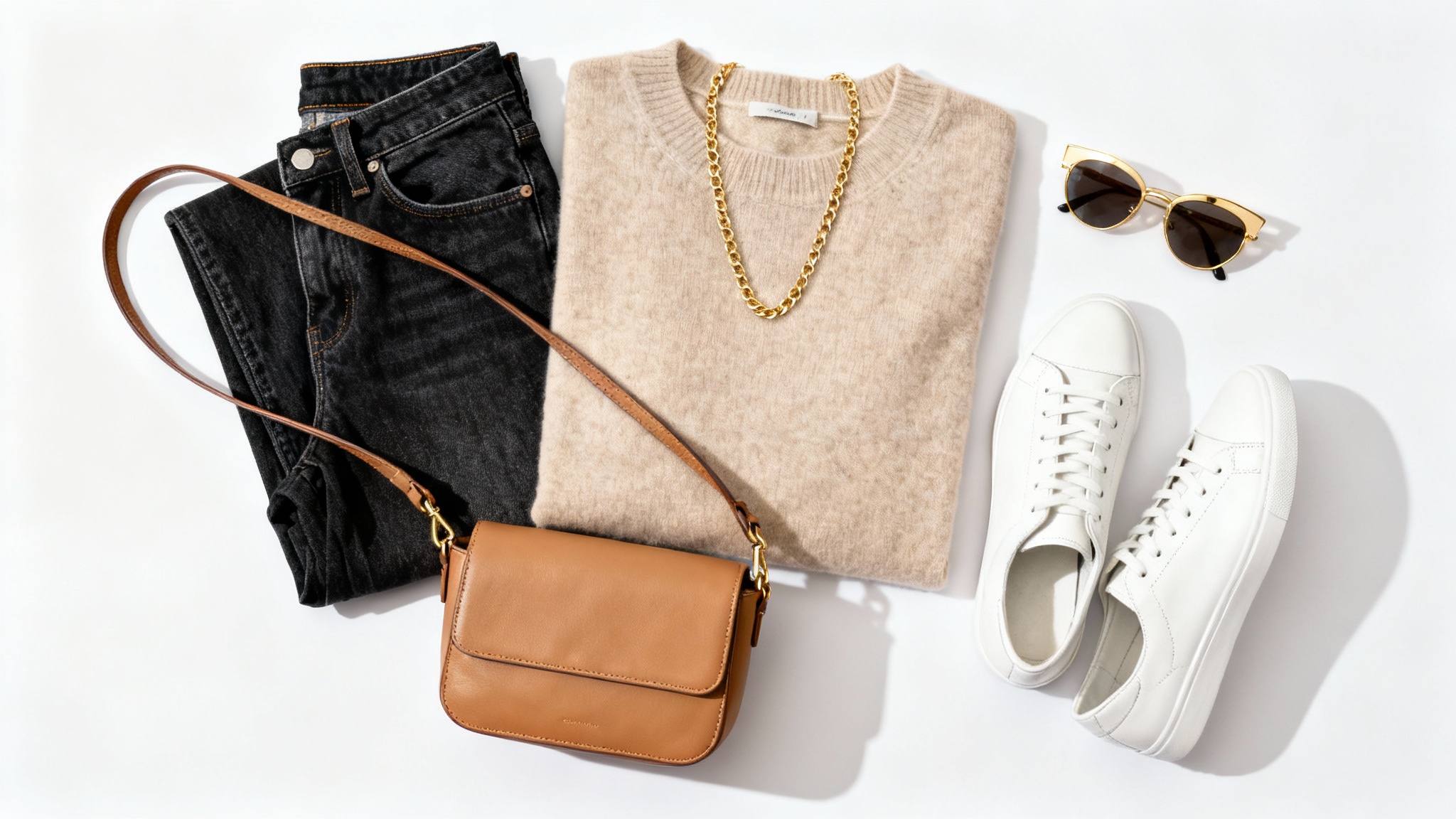A flat lay of a stylish women's outfit on a white background, featuring jeans, a beige sweater, white sneakers, a tan bag, and gold accessories.