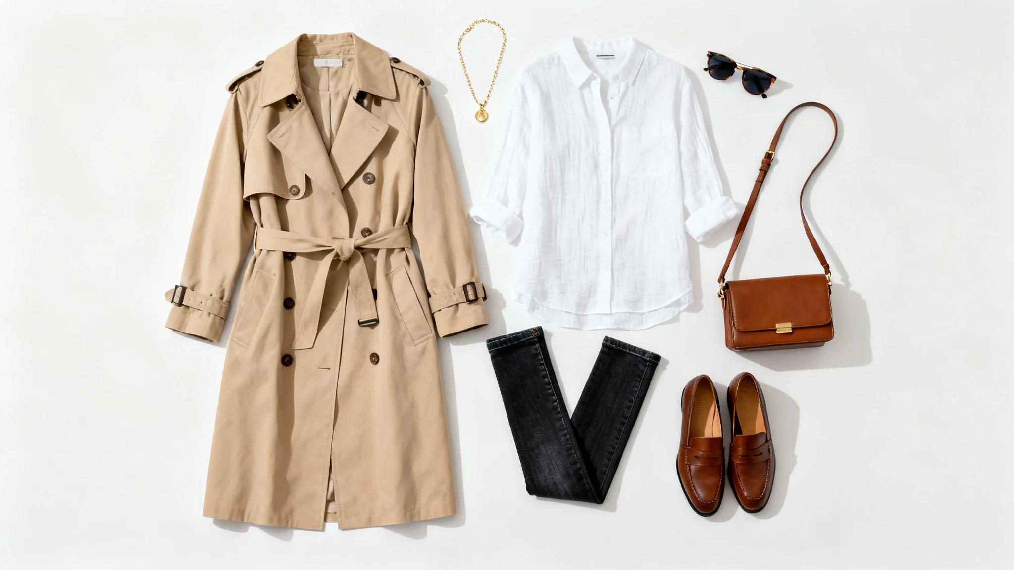 A stylish flat lay of a woman's outfit, featuring a beige trench coat, white shirt, jeans, and leather accessories, neatly arranged on a white background.