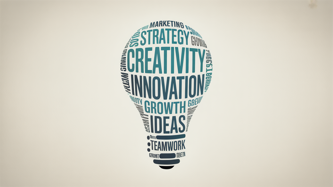 A professionally designed word cloud in the shape of a lightbulb on a clean white background. The words 'Creativity' and 'Innovation' are the most prominent, rendered in blue and teal, with other related business terms like 'Strategy' and 'Marketing' filling the shape in various sizes.