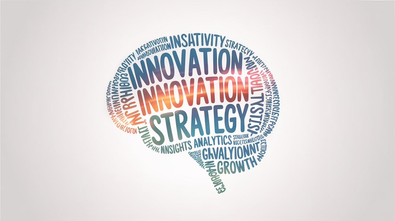 A word cloud in the shape of a human brain, featuring words like 'Innovation', 'Creativity', and 'Strategy' in various sizes and colors against a white background.