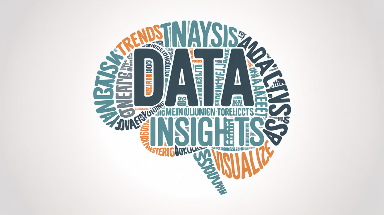 A graphic design of a word cloud shaped like a human brain against a white background. The words relate to data analysis, with 'Data', 'Analysis', and 'Insights' being the most prominent.