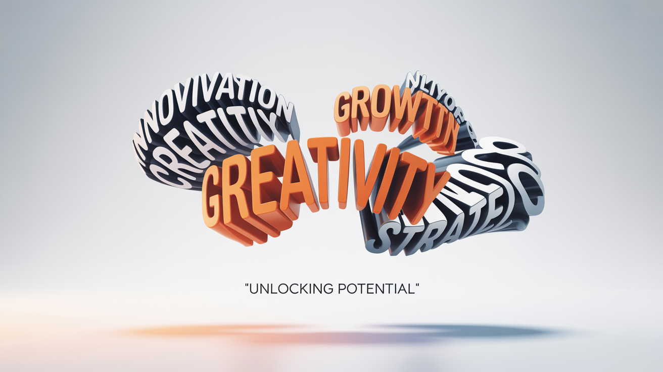 A visually striking word cloud mockup on a white background. The words 'Innovation', 'Creativity', and 'Strategy' are the most prominent, surrounded by other business-related terms in a color palette of blues, teals, and orange.