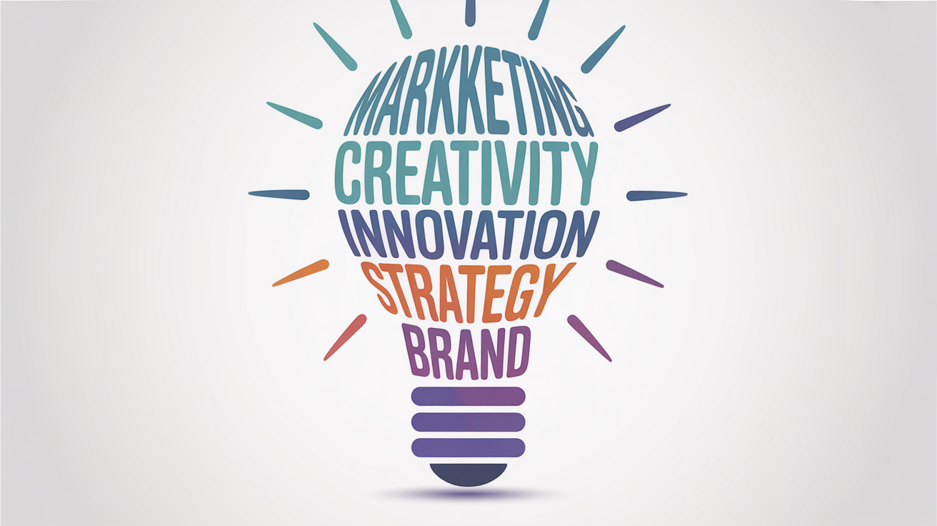 A colorful word cloud in the shape of a lightbulb on a white background. The words relate to business and creativity, with 'Creativity', 'Innovation', and 'Data' being the most prominent.