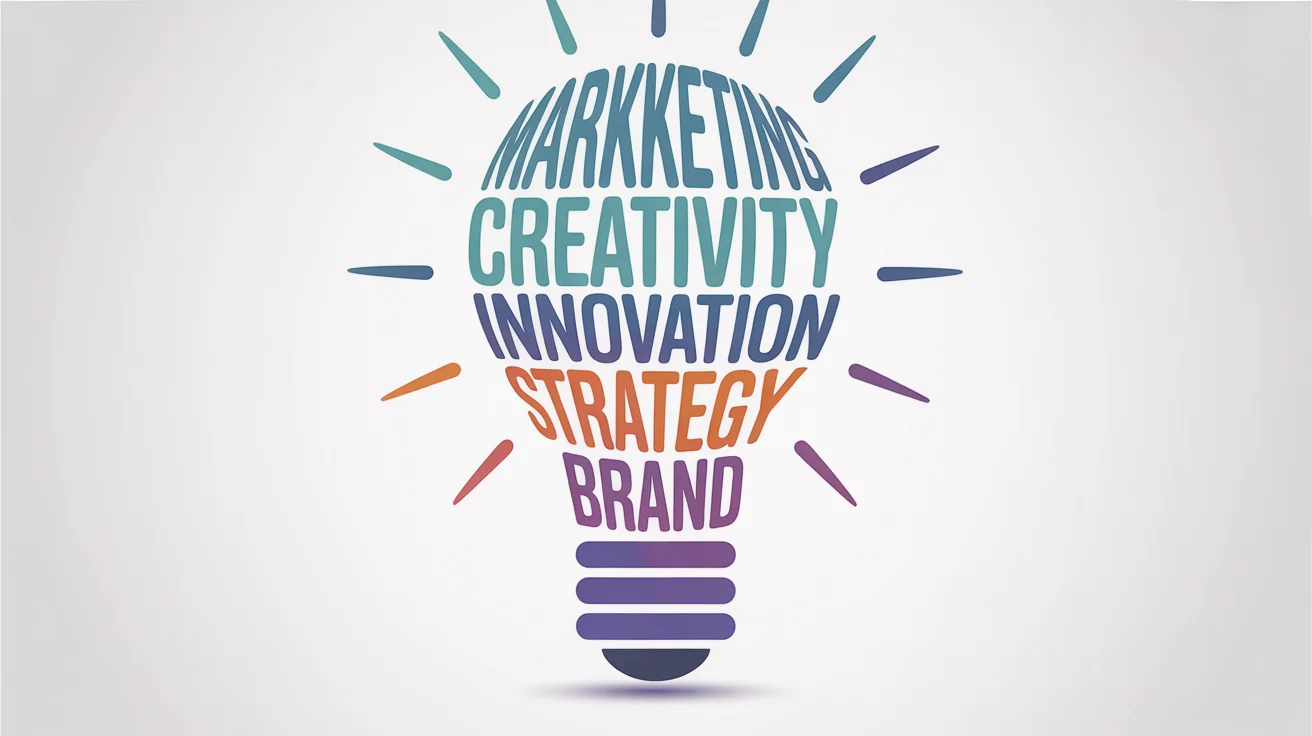 A colorful word cloud in the shape of a lightbulb on a white background. The words relate to business and creativity, with 'Creativity', 'Innovation', and 'Data' being the most prominent.