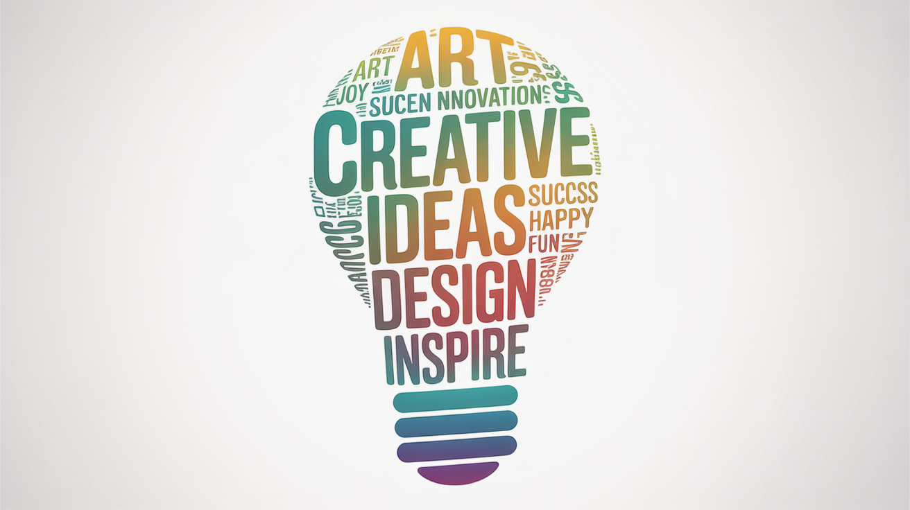 A word cloud in the shape of a lightbulb, composed of inspirational words like 'Creative', 'Ideas', and 'Design' in vibrant colors against a white background.