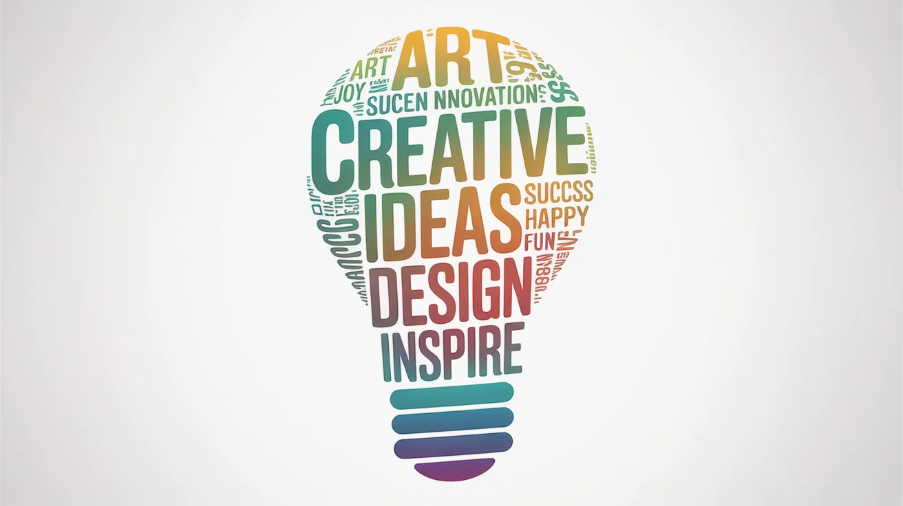 A word cloud in the shape of a lightbulb, composed of inspirational words like 'Creative', 'Ideas', and 'Design' in vibrant colors against a white background.