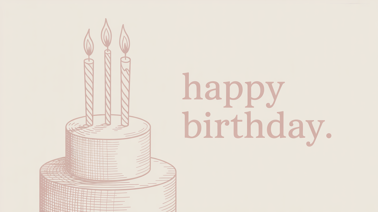 A professionally designed minimalist birthday card lying on a clean white surface. The card features a simple line drawing of a birthday cake and the text 'Happy Birthday' in pastel colors.