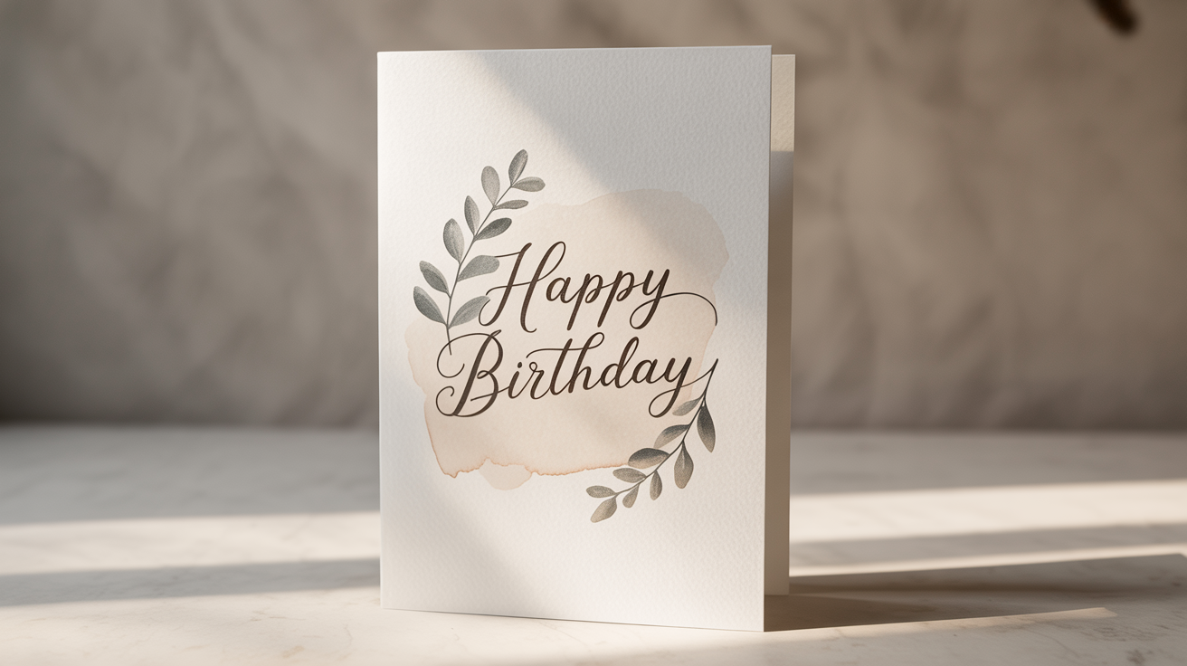 A sophisticated minimalist birthday card with 'Happy Birthday' in elegant script, standing on a white background.