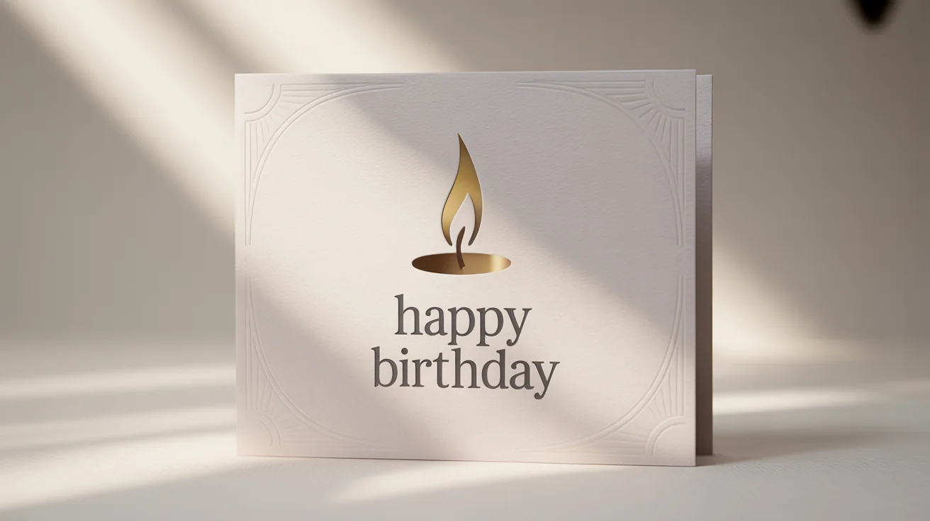 A minimalist birthday card mockup featuring a simple gold foil candle design and the text 'Happy Birthday' in a modern font, set against a clean white background.