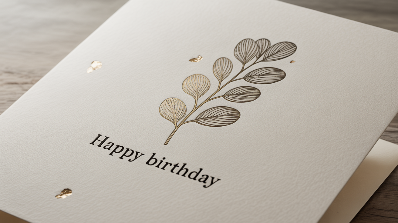 A modern, minimalist birthday card made of off-white paper, featuring the text 'Happy Birthday' and a small botanical drawing, set against a plain white background.