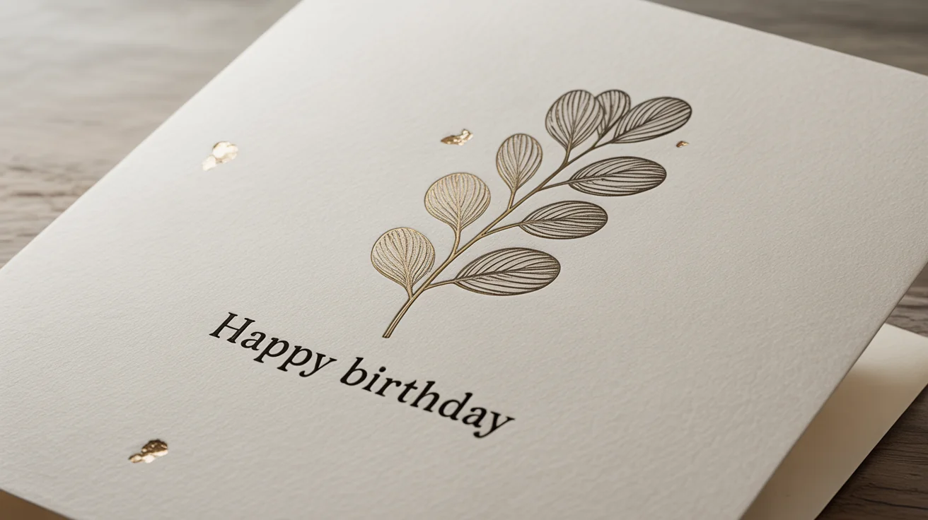 A modern, minimalist birthday card made of off-white paper, featuring the text 'Happy Birthday' and a small botanical drawing, set against a plain white background.