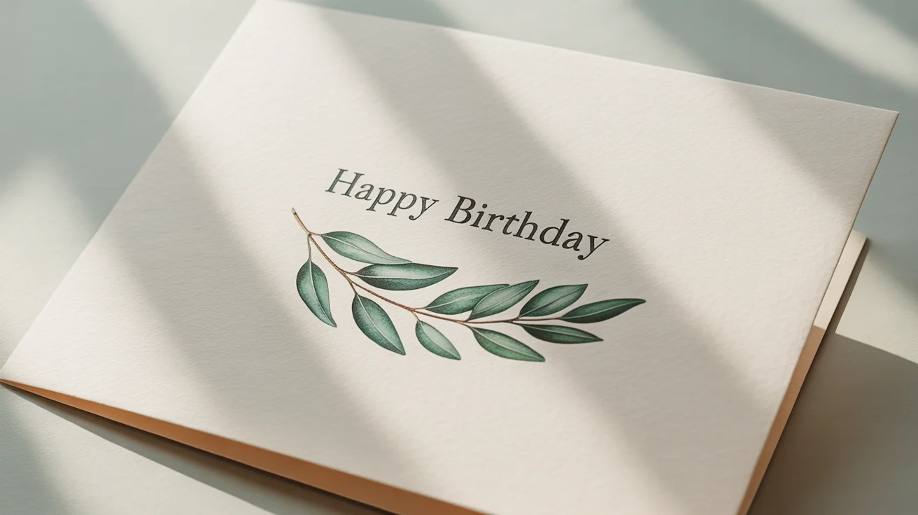 A modern, minimalist birthday card with the words 'Happy Birthday' and a small botanical illustration, standing against a clean white background.