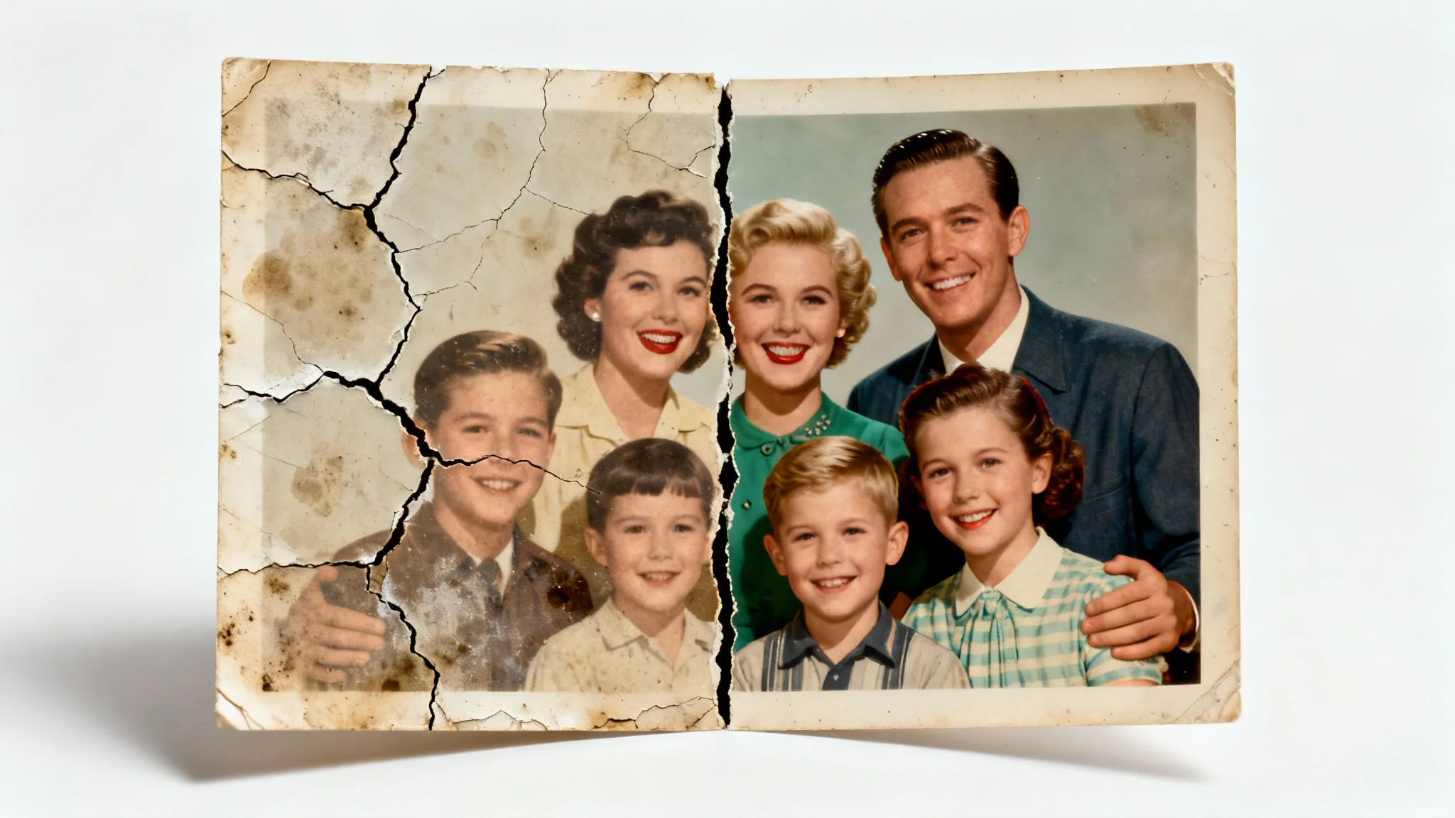 A conceptual image of photo repair, showing a single vintage photograph that is half-damaged and faded, and half-restored and vibrant, set against a clean white background.