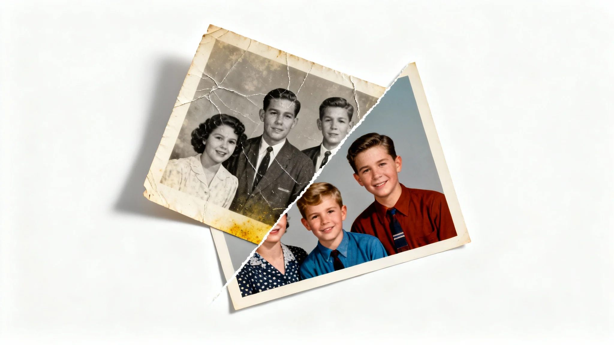 An old family photograph, split diagonally to show a before-and-after of photo repair. One part is faded, scratched, and black-and-white, while the other is restored in vibrant color and perfect clarity.
