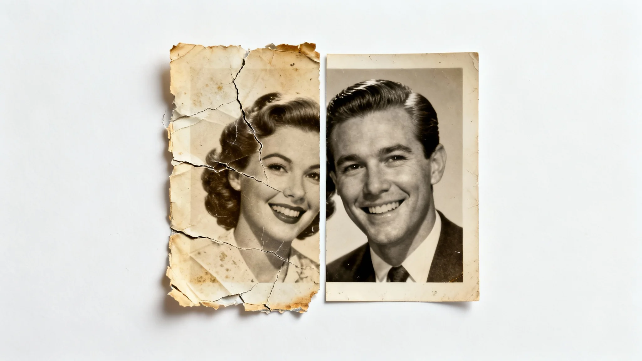 A dramatic before-and-after image of a vintage photograph being restored. The left side is old, damaged, and faded, while the right side is perfectly clear and restored, demonstrating a photo repair service.