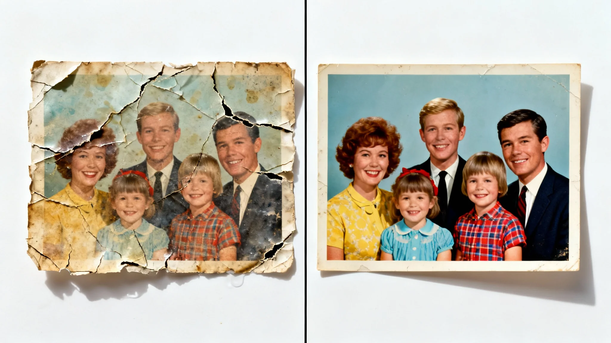 A conceptual image showing a vintage family photo being repaired. The photo is split in the middle, with the left side being old, torn, and faded, and the right side being perfectly restored and vibrant, set against a plain white background.