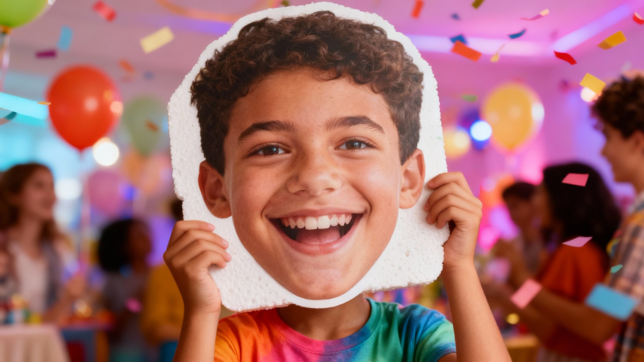 A person at a festive party holding a large, comically oversized head cutout of a smiling young person with curly hair, amidst a backdrop of balloons and confetti.