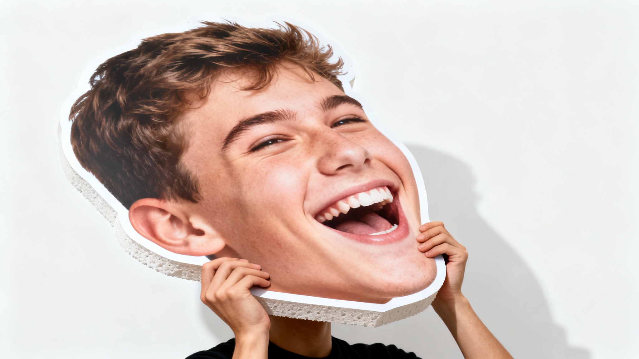 A high-quality product image of a big head cutout of a smiling man, held by hands against a white background to illustrate a custom party or event prop.