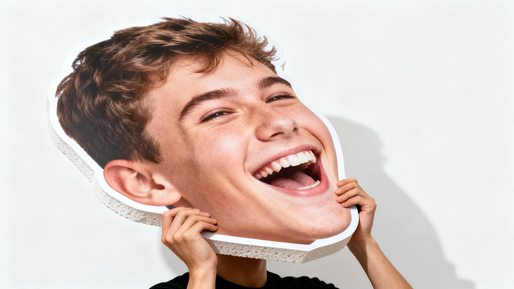 A high-quality product image of a big head cutout of a smiling man, held by hands against a white background to illustrate a custom party or event prop.