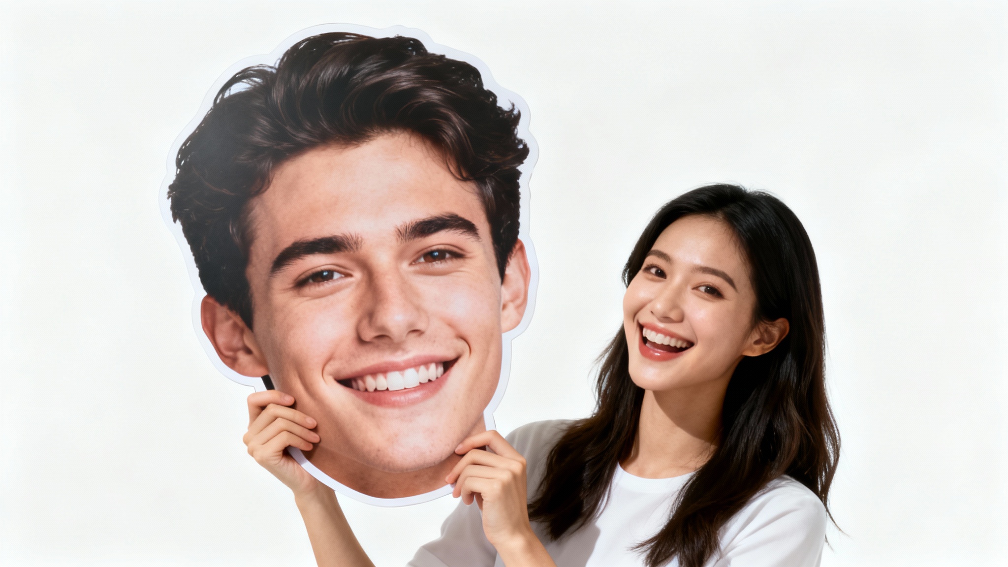 A woman joyfully holding a large big head cutout of a smiling man's face, presented as a product mockup on a clean white background.