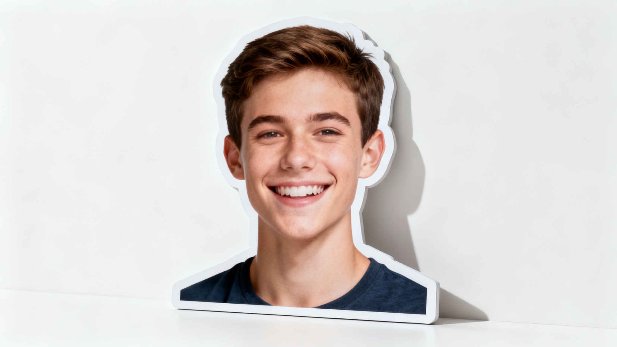 A life-sized big head cutout of a smiling young man, professionally photographed against a plain white background to showcase its quality.