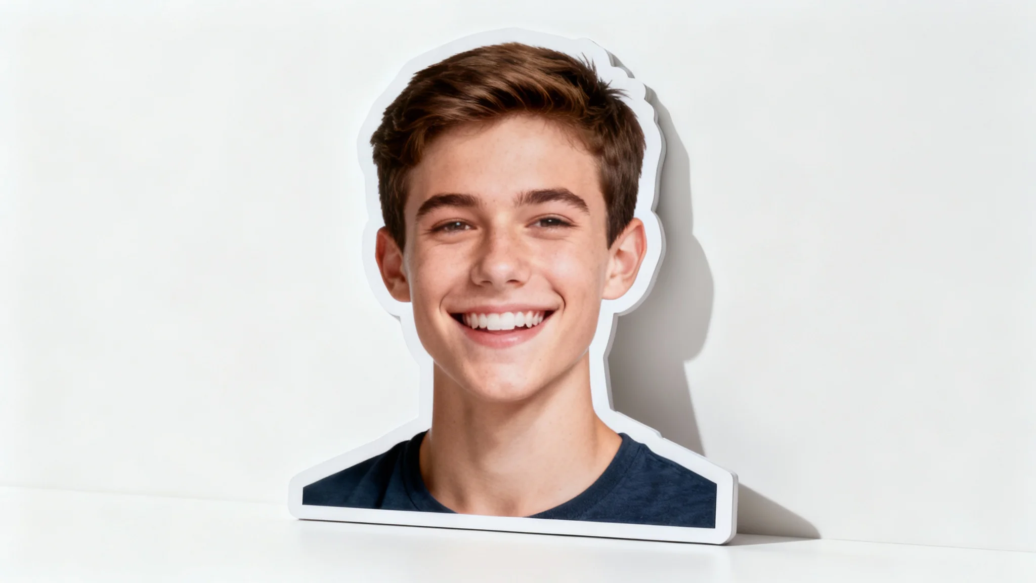 A life-sized big head cutout of a smiling young man, professionally photographed against a plain white background to showcase its quality.