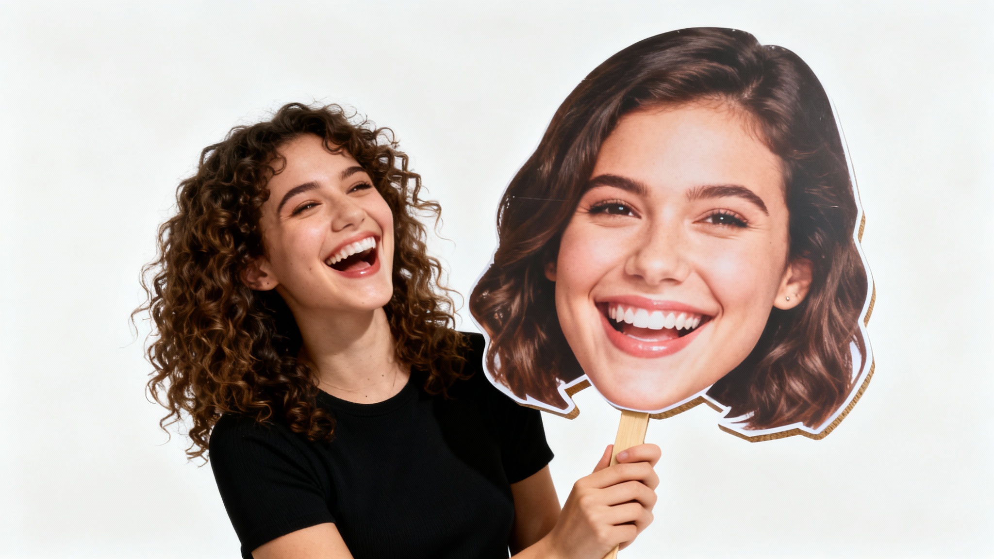 A smiling woman holds a large, comical cutout of her own head, showcasing a custom big head cutout product on a white background.