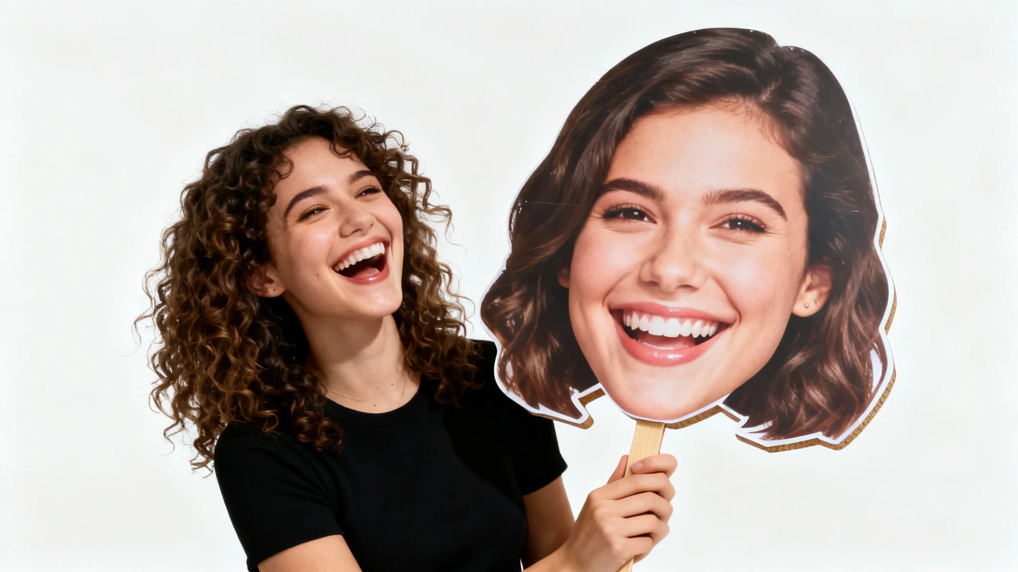 A smiling woman holds a large, comical cutout of her own head, showcasing a custom big head cutout product on a white background.