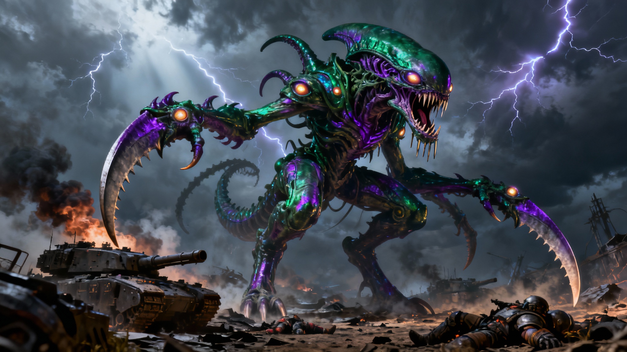 A dramatic, wide-angle concept art piece showing a towering green and purple Tyranid monster shrieking on a war-torn battlefield under a dark, stormy sky.