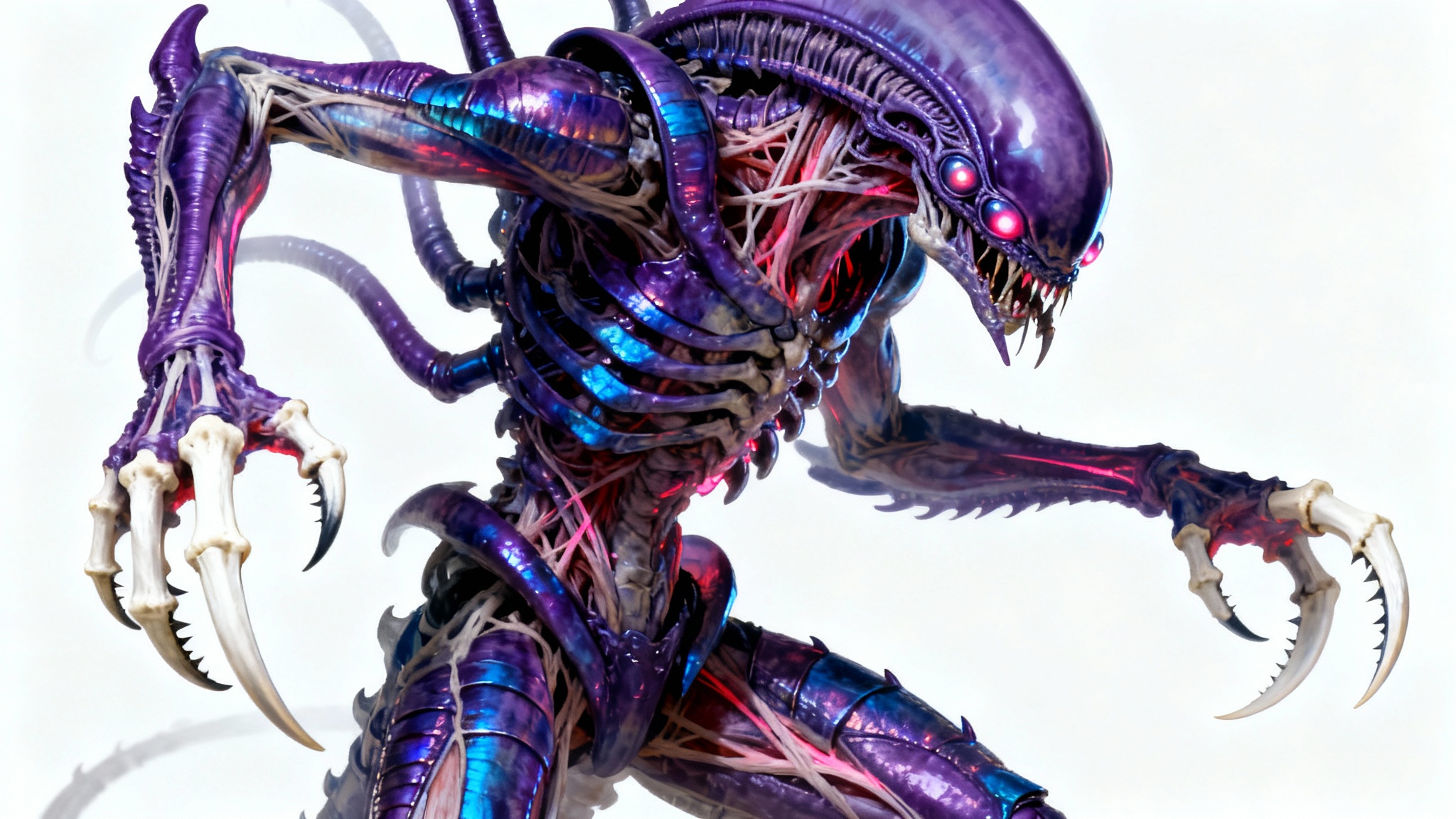 A hyper-detailed concept art illustration of a menacing, purple and blue alien bio-monster from the Tyranid race, posed against a stark white background, showcasing its sharp talons and monstrous features.