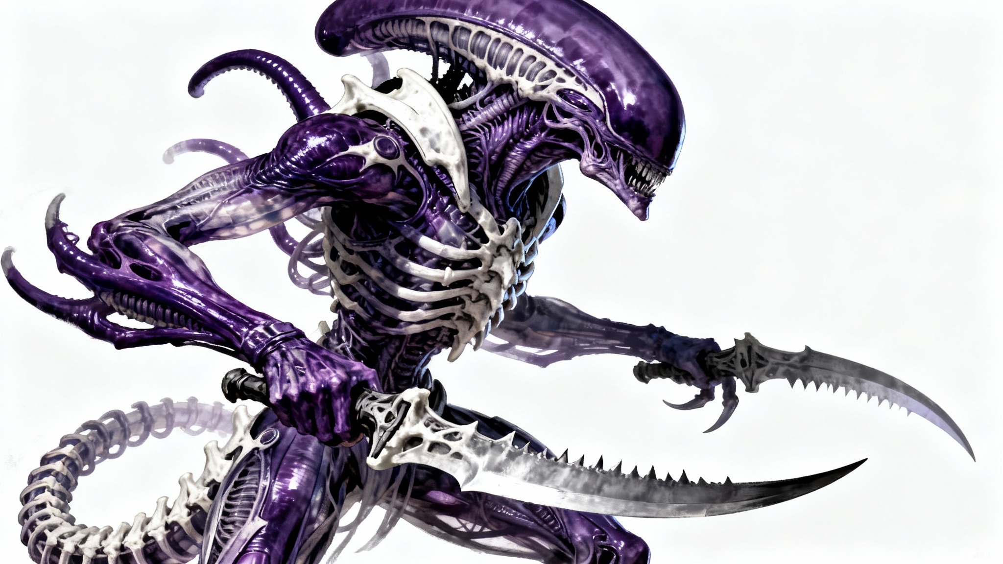 A hyperrealistic concept art illustration of a menacing Tyranid creature, showcasing its purple and white chitinous armor and massive scything talons against a plain white background.