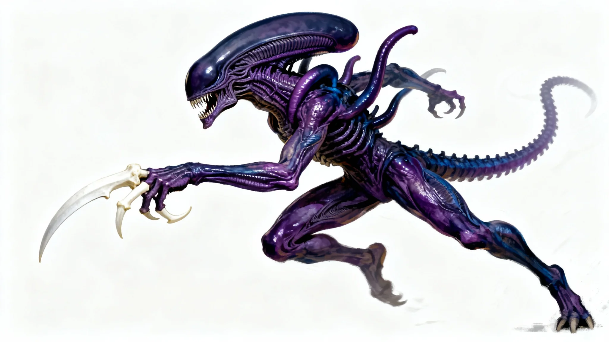 A detailed digital concept art painting of a Tyranid Hormagaunt, a monstrous alien creature, lunging forward with sharp talons extended, set against a plain white background.