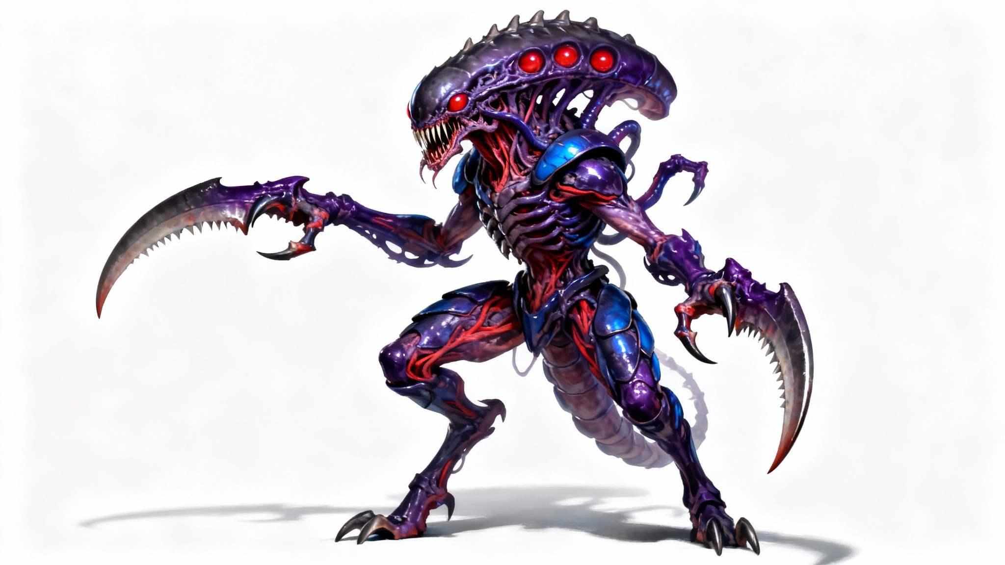 A detailed piece of concept art showing a monstrous Tyranid alien with purple chitinous armor and massive scything talons, standing against a clean white background.