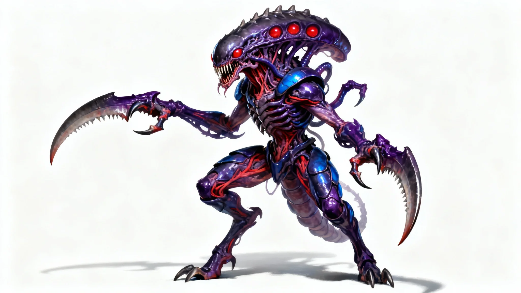 A detailed piece of concept art showing a monstrous Tyranid alien with purple chitinous armor and massive scything talons, standing against a clean white background.