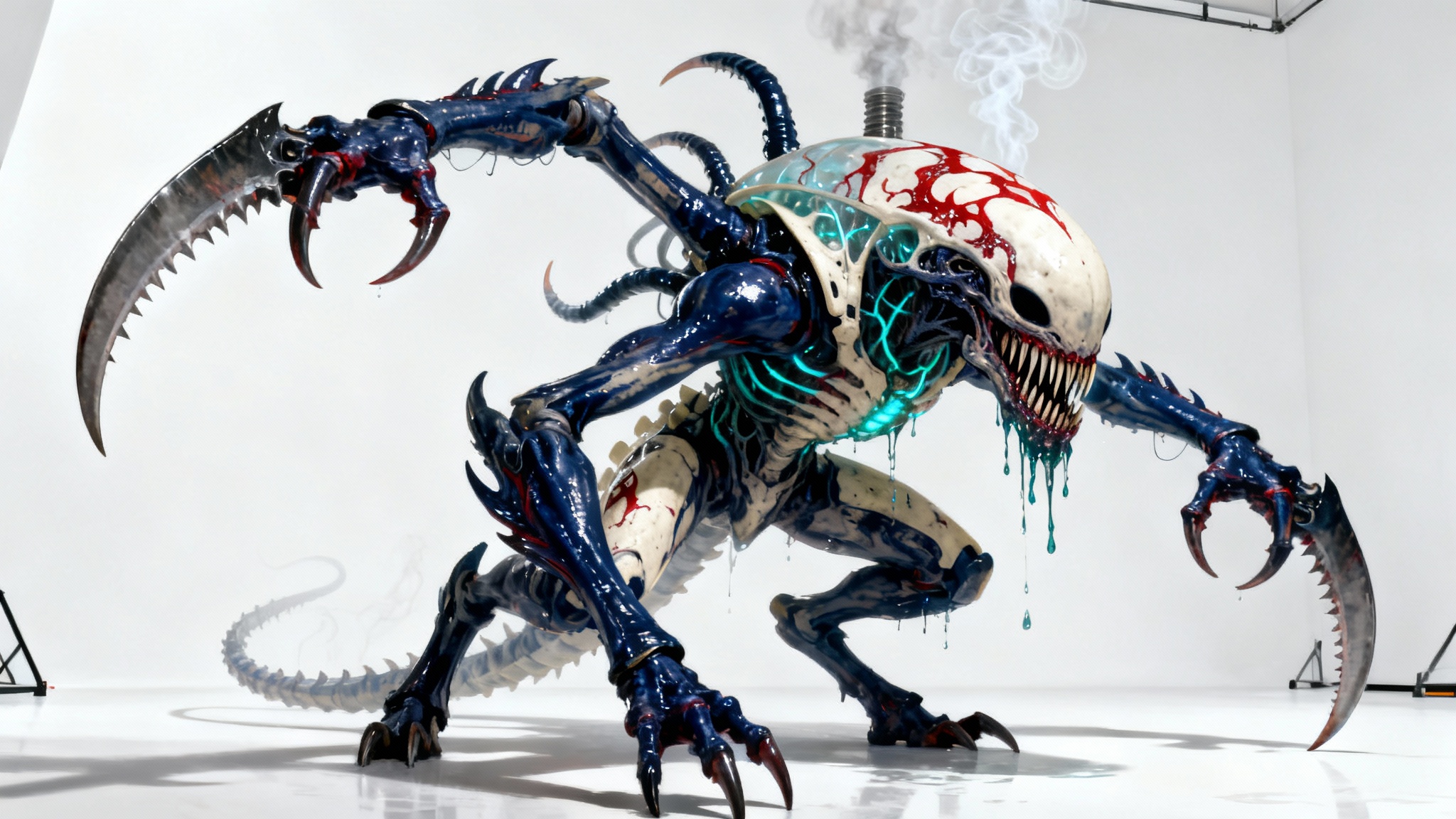 A hyper-detailed concept art illustration of a monstrous Tyranid alien with purple and bone-colored armor, massive scythe-like claws, and glowing teal veins, set against a stark white background.