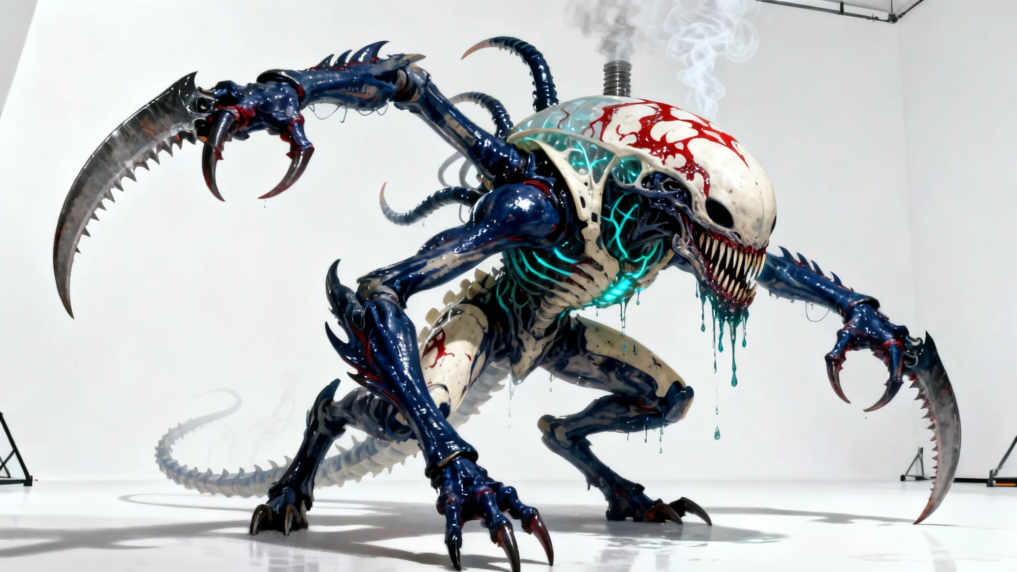 A hyper-detailed concept art illustration of a monstrous Tyranid alien with purple and bone-colored armor, massive scythe-like claws, and glowing teal veins, set against a stark white background.