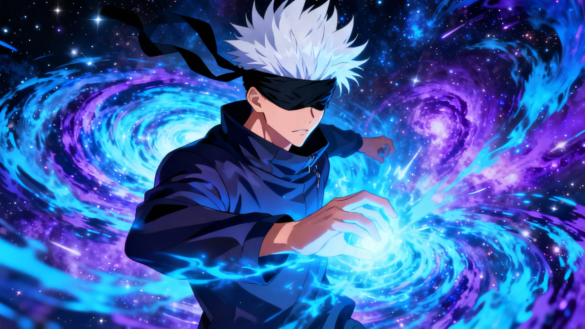 A dynamic 16:9 anime wallpaper of Gojo Satoru from Jujutsu Kaisen, showing him with white hair and a blindfold amidst swirling blue and purple energy.