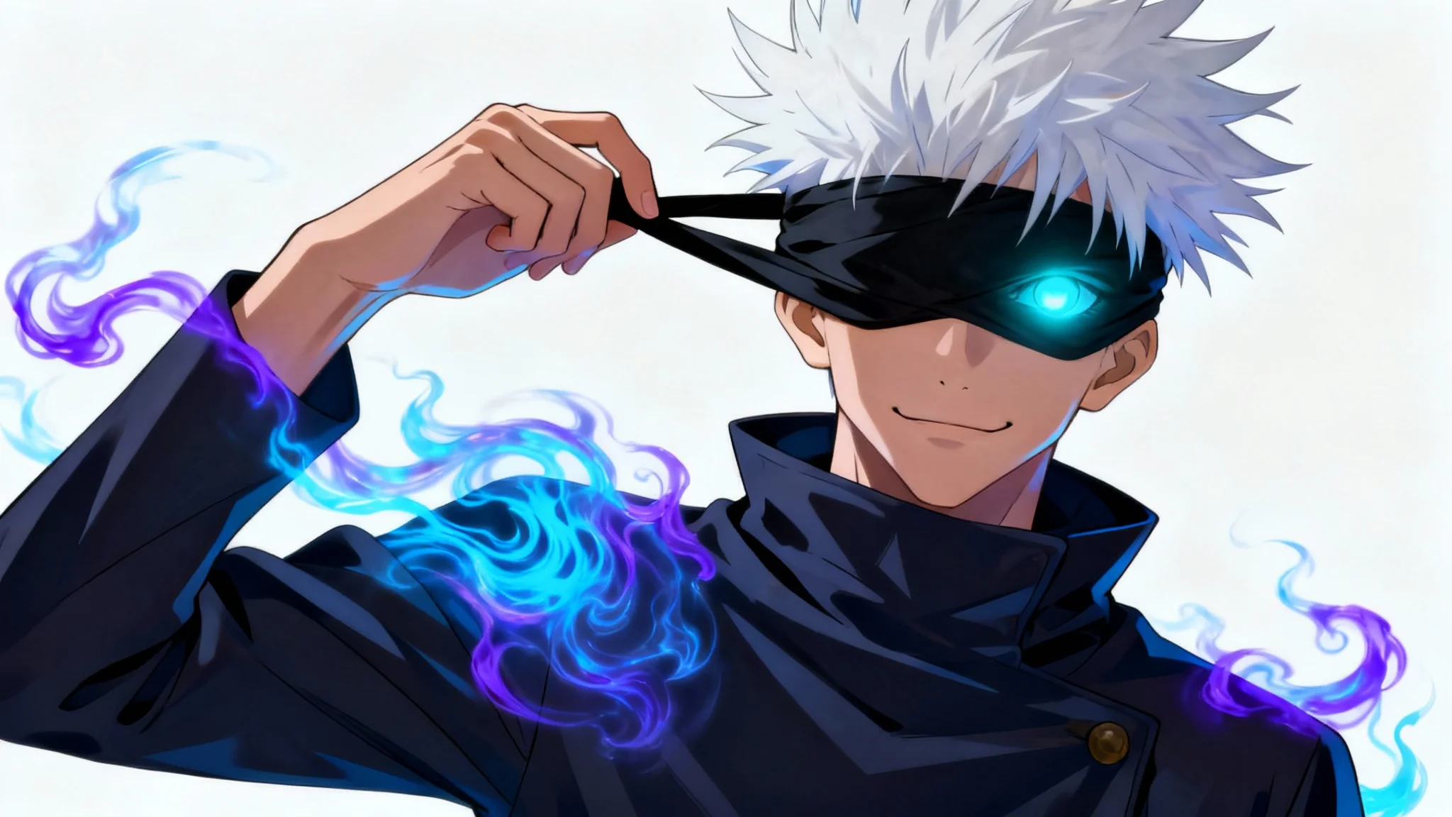 A dynamic anime wallpaper of Satoru Gojo from Jujutsu Kaisen on a white background. He has white hair and is pulling down his blindfold to reveal one glowing blue eye, with blue and purple energy swirling around him.