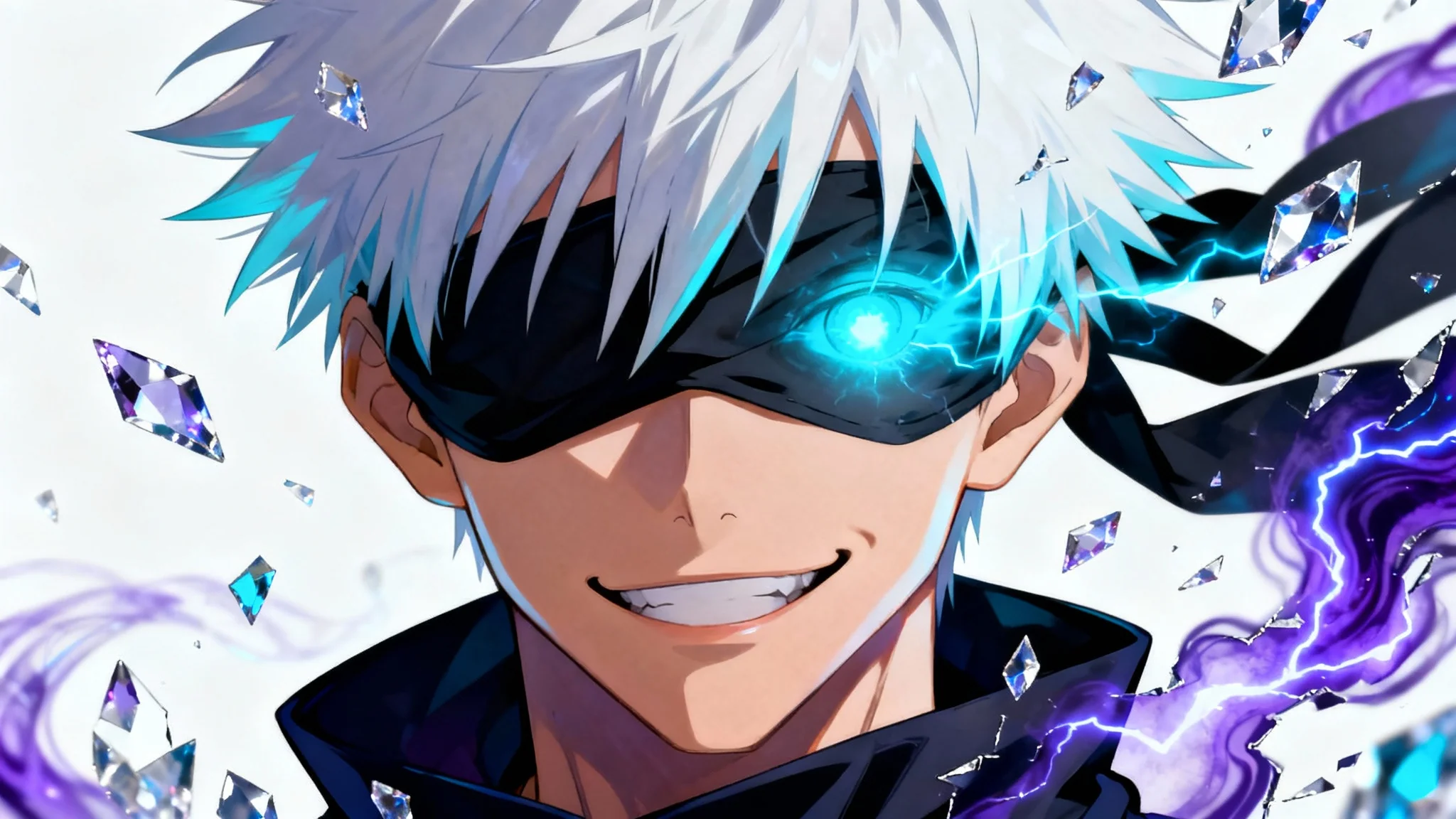 A dynamic anime wallpaper mockup featuring a close-up of Satoru Gojo against a white background. He is smirking, with one glowing blue eye revealed from under his blindfold, surrounded by purple and blue energy effects.