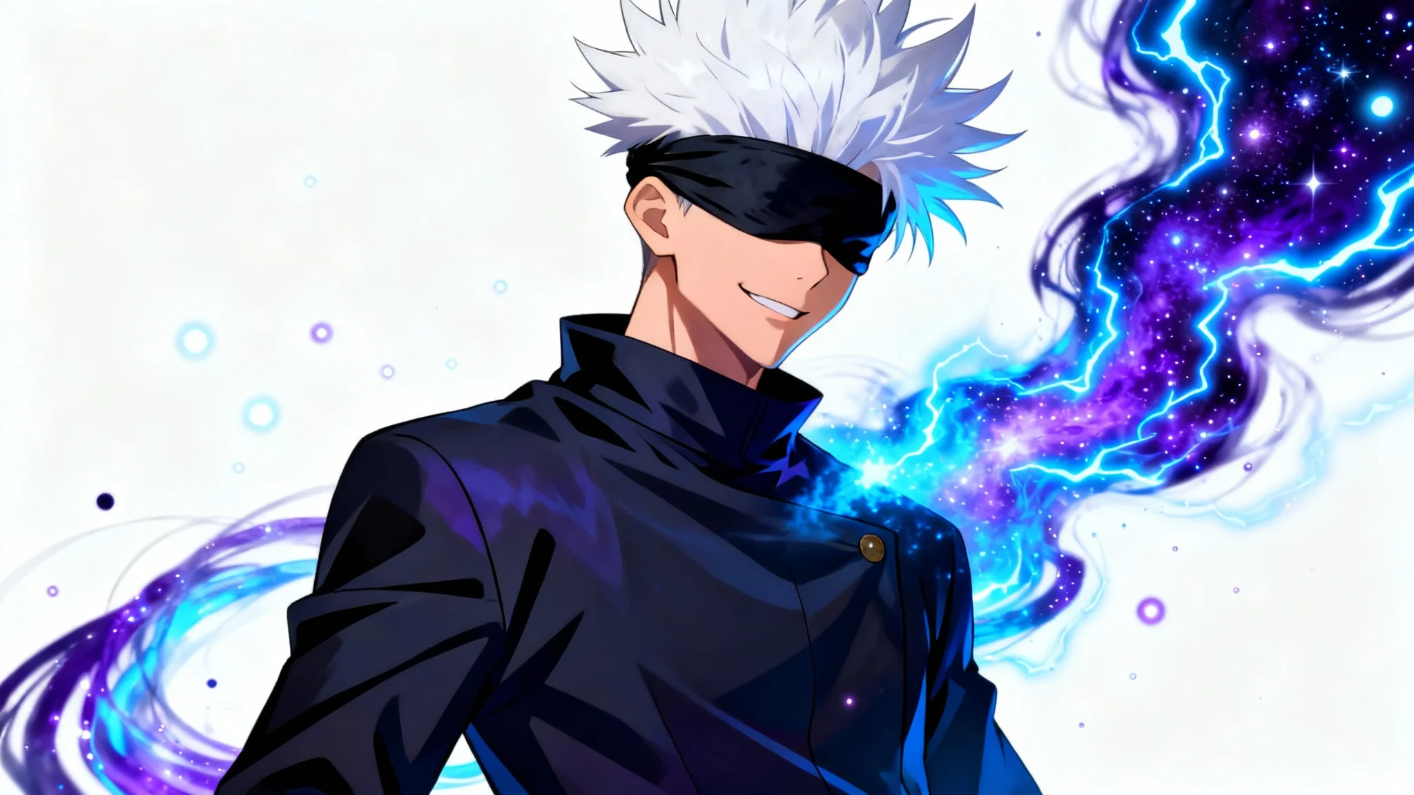 A modern anime-style wallpaper design of Satoru Gojo against a white background. He is shown from the chest up with a confident smirk, surrounded by a powerful aura of blue and purple energy.