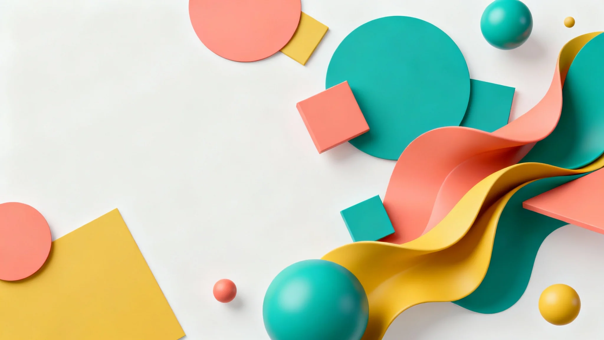 A vibrant and abstract hero image displaying a dynamic composition of colorful 2D and 3D shapes like circles and spheres, set against a clean, minimal background.