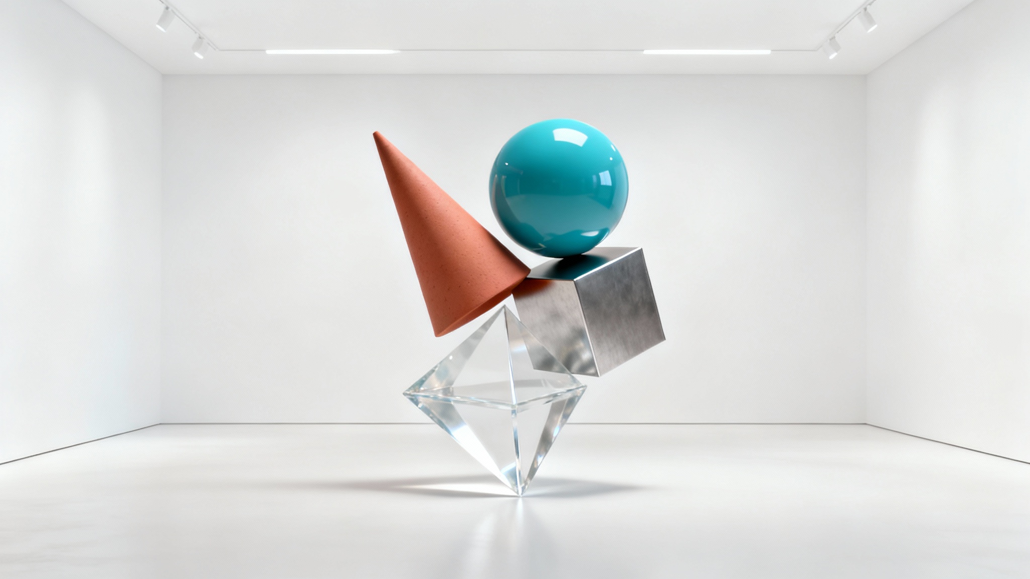 A minimalist composition of various 3D geometric shapes, a cone, sphere, cube, and pyramid, in different colors and textures, floating against a stark white background.